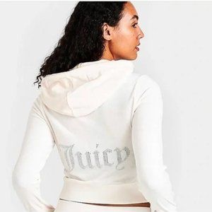 NWT Juicy Couture Embellished Velour Zip-Up Hoodie Track Jacket | White | XL